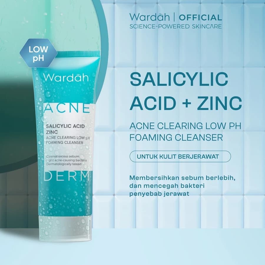 Wardah Acnederm Facial Wash Salicylic Acid + Zinc Acne Clearing Low pH Foaming Cleanser 100ml